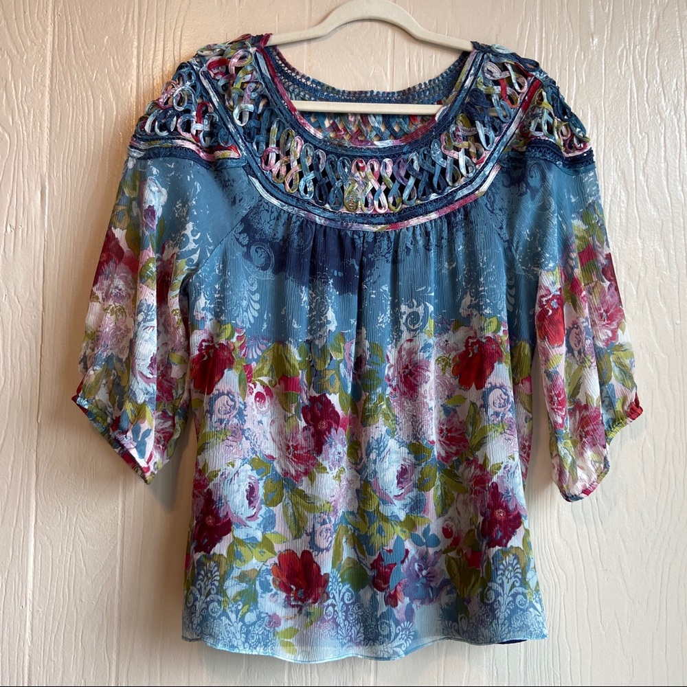 Sundance Ribbon Trim Silk Floral Watercolor Blouse